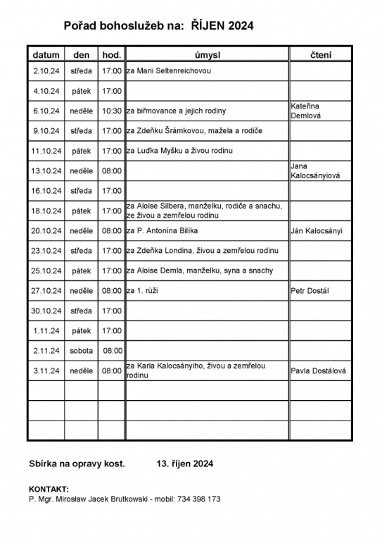 Pořad bohoslužeb na říjen 2024