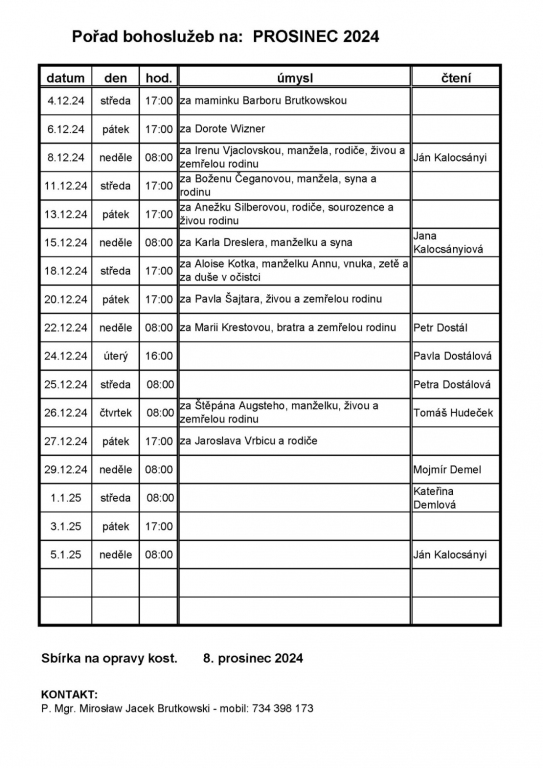 Pořad bohoslužeb na prosinec 2024