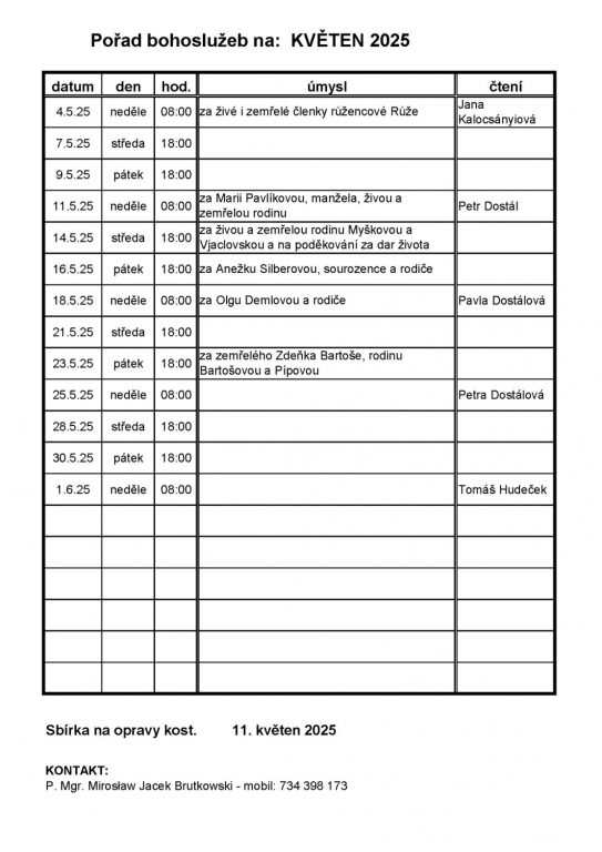 Pořad bohoslužeb na KVĚTEN 2025
