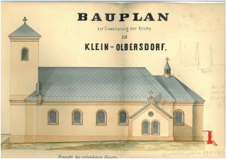 Vyobrazení kostela na stavebním plánu přestavby z roku 1890. (SOkA NJ, FÚ Albrechtičky, inv. č. 66)