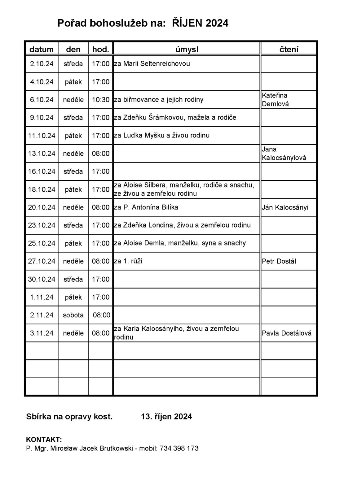 Pořad bohoslužeb na: ŘÍJEN 2024