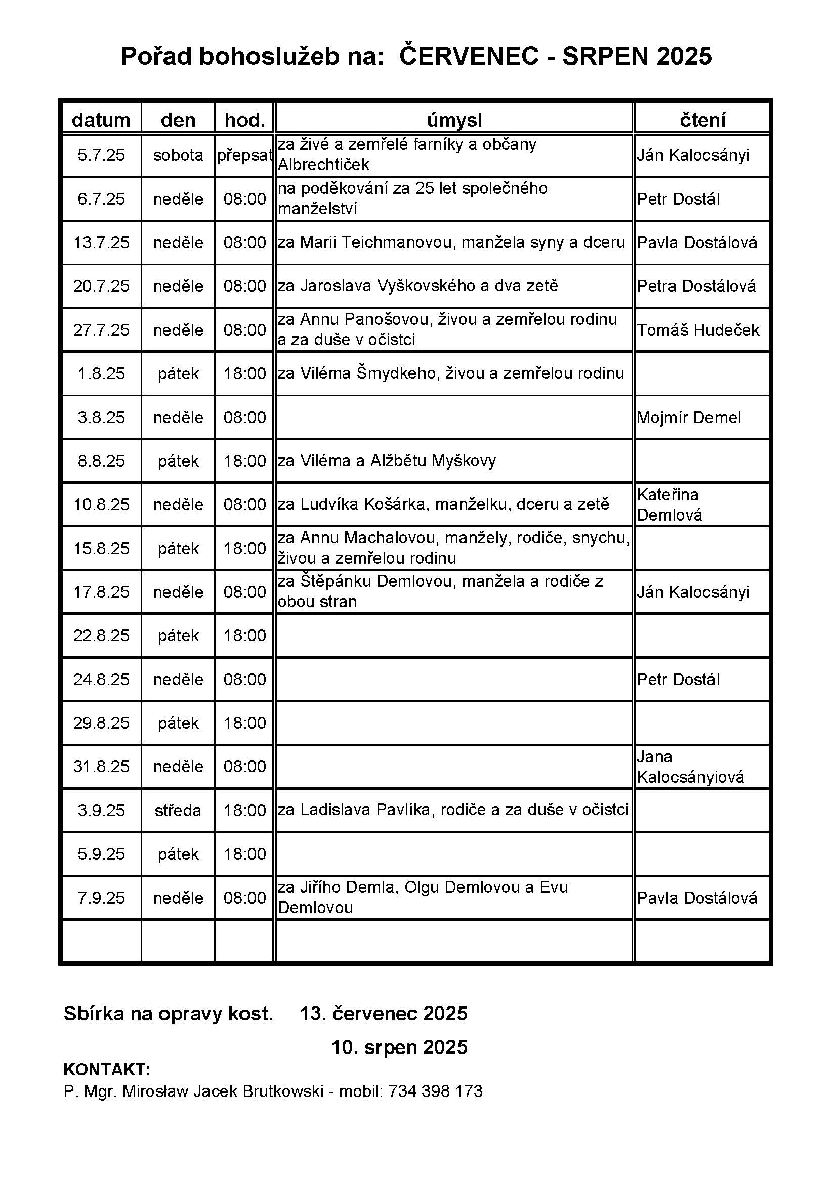 Pořad bohoslužeb na ČERVENEC - SRPEN 2025