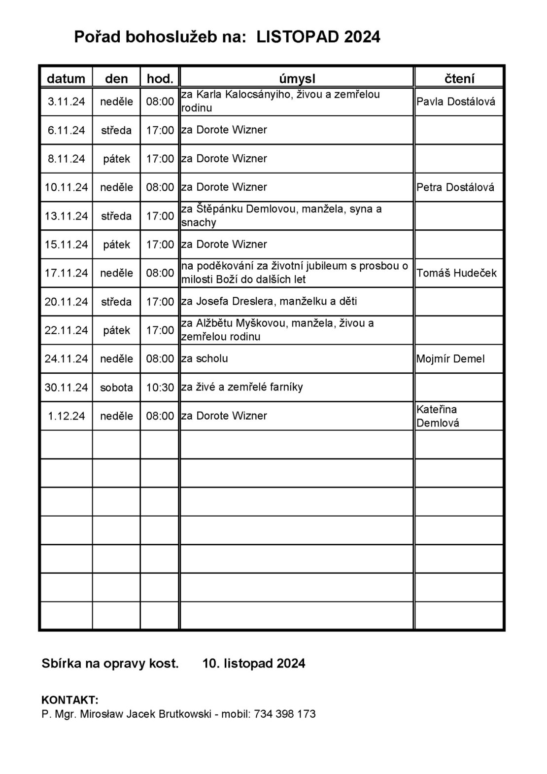 Pořad bohoslužeb na: LISTOPAD 2024