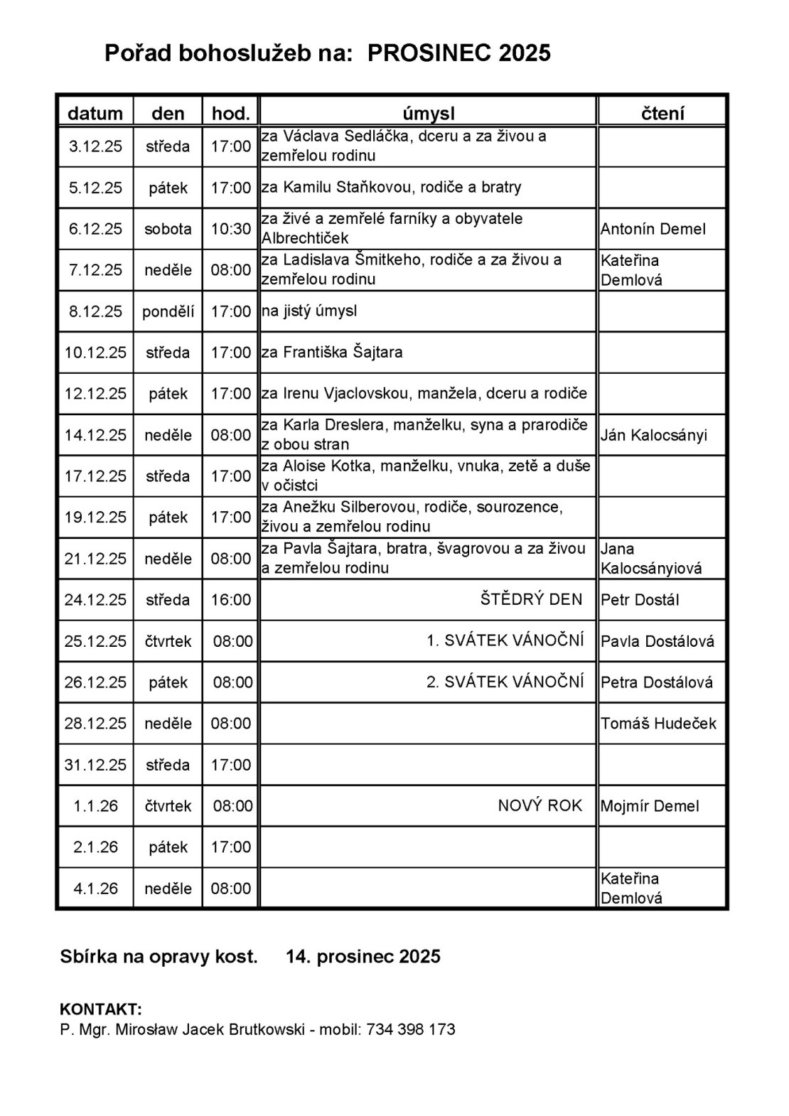 Pořad bohoslužeb na PROSINEC 2025