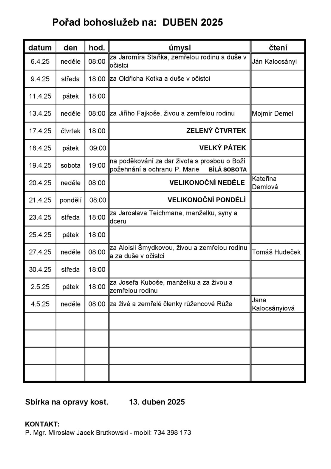 Pořad bohoslužeb na duben 2025